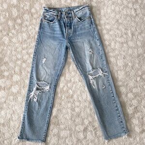 Levis Size 25 Straight Leg High Rise Distressed Womens Jeans Medium Wash Raw Hem
